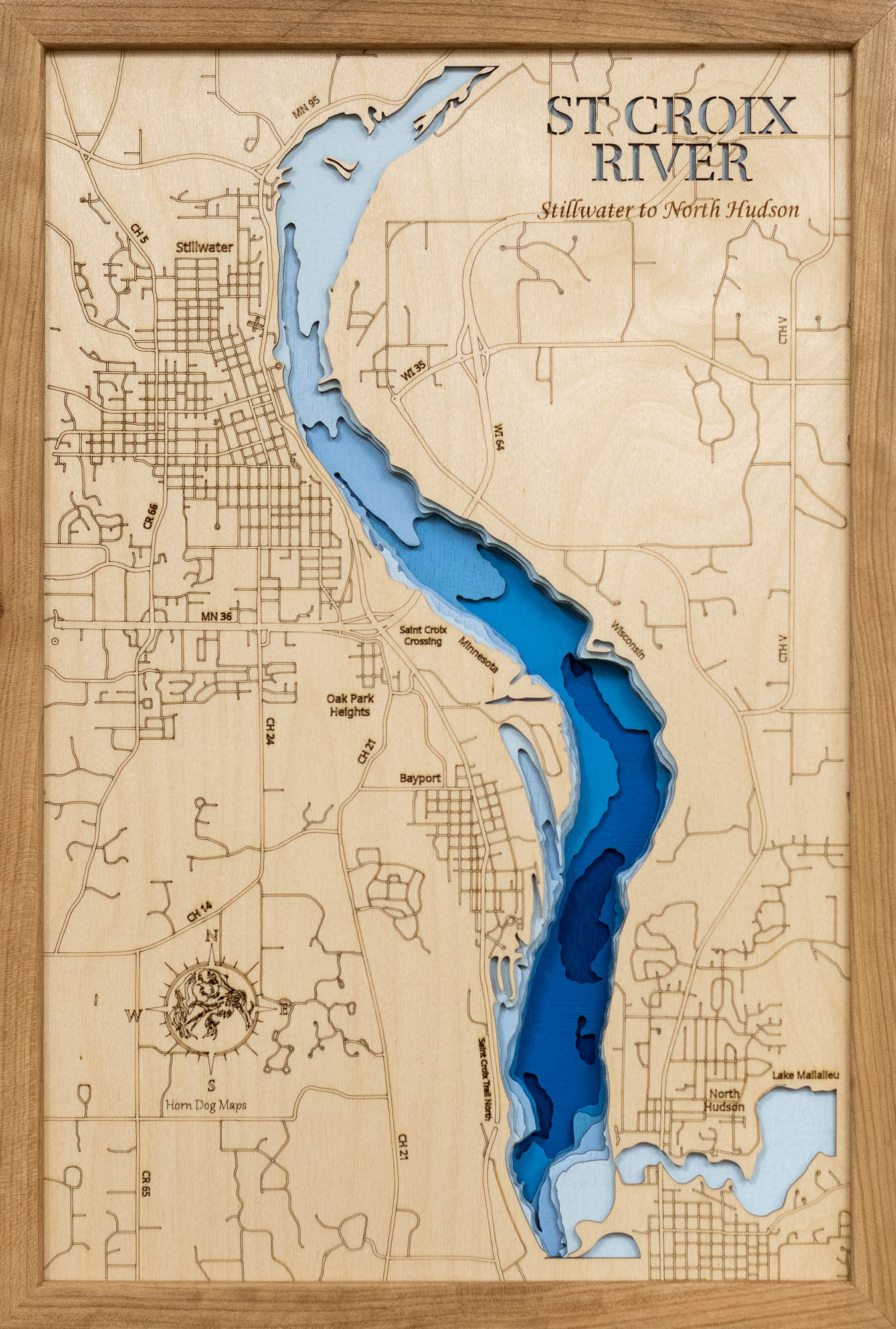 3D wooden lake map of St. Croix River in Minnesota and Wisconsin, showcasing detailed depth layers and contours.