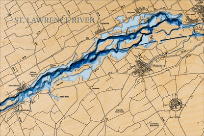 Decorative 3D wooden lake map of St. Lawrence River, crafted with care.