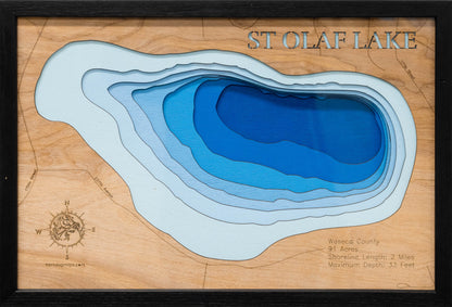 St. Olaf Lake in Waseca County, Minnesota engraved wood map, showcasing accurate topographical features.