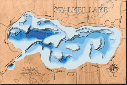 Handcrafted 3D wood map of Stalker Lake in Otter Tail County, MN, ideal for lake enthusiasts.