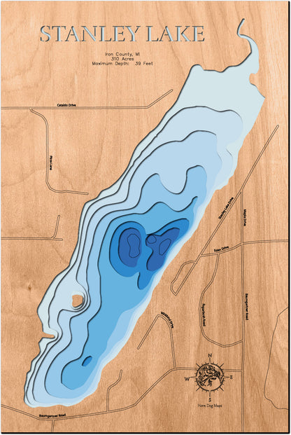 Unique wooden lake map of Stanley Lake in Iron County, MI, featuring intricate depth details.