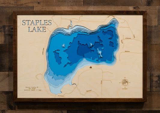 Unique wooden lake map of Staples Lake in Barron and Polk Counties,  WI, featuring intricate depth details.