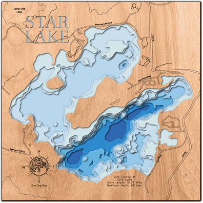 High-definition wooden relief map of Star Lake in Chippewa County, WI, handmade for durability.