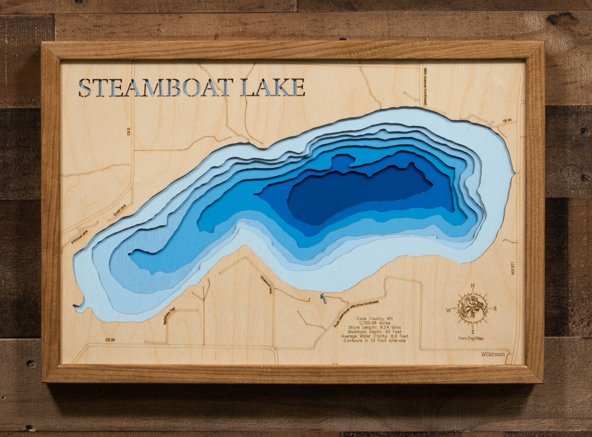 Steamboat Lake in Cass County MN 3D depth map, laser cut from high-quality wood.