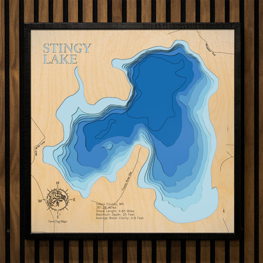 High-definition wooden relief map of Stingy Lake in Itasca County, MN, handmade for durability.