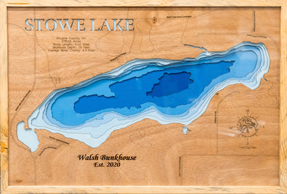 Exquisite wooden map of Stowe Lake in Douglas County, MN with detailed lakebed features.