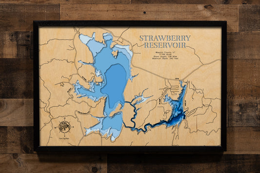 A meticulously detailed, laser-cut wooden topographic map of Strawberry Reservoir in Wasatch County, Utah, featuring multiple layers illustrating the reservoir's four distinct fishing basins across 17,164 acres, depth contours revealing the dramatic 240-foot maximum depth in Soldier Creek Basin, the intricate 138-mile shoreline winding through sagebrush hills and aspen valleys, markers for the four marina complexes and boat launches, Soldier Creek Dam, the Narrows section, and the surrounding Uinta-Wasatch-