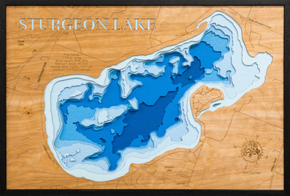 Artisanally carved wooden lake map of 3d Lake Map of Sturgeon Lake in Pine County, MN, highlighting bathymetry.