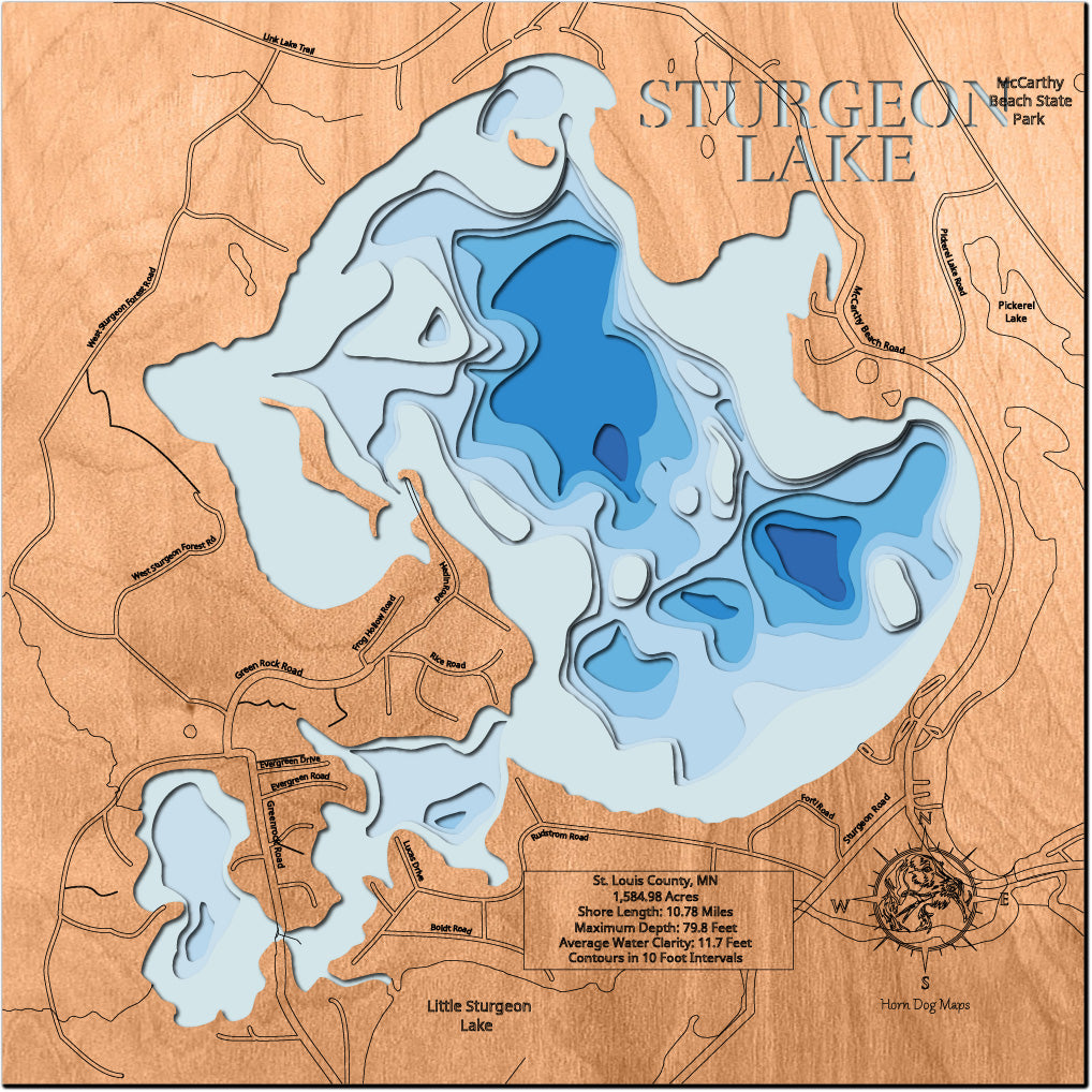 Laser-engraved relief map of Sturgeon Lake in St. Louis County, MN, crafted from wood with high precision.