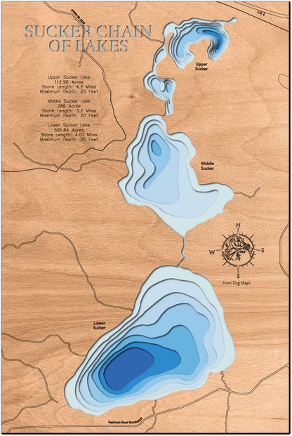 Sucker Chain of Lakes in Cass County, MN 3D depth map, laser cut from high-quality wood.