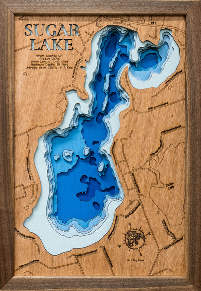 Precision-cut wooden map of Sugar Lake in Wright County, Minnesota, perfect for unique decor.