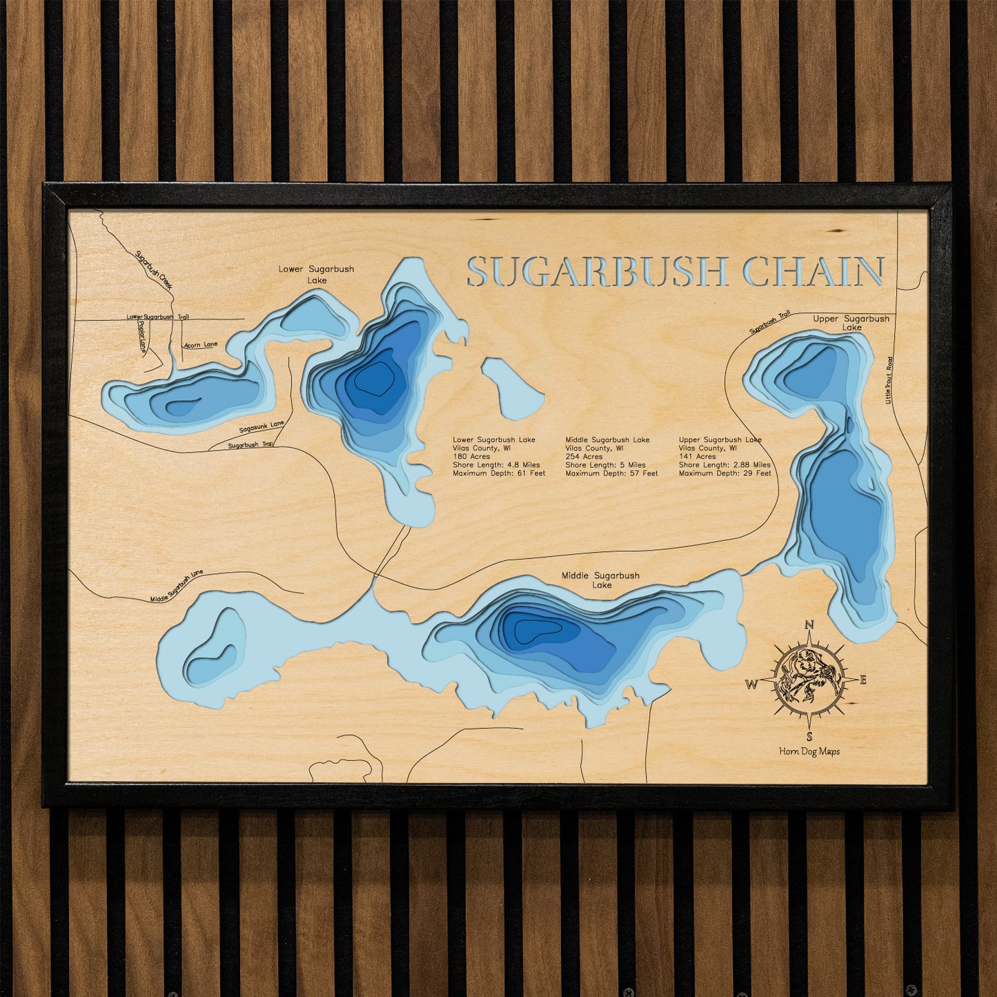 Precision-cut wooden map of Sugarbush Chain of Lakes in Vilas County, WI, perfect for unique decor.