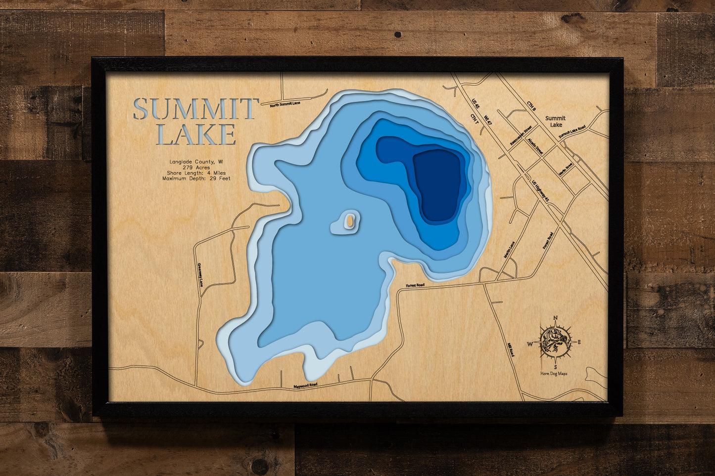 A meticulously detailed, laser-cut, multi-layered wooden topographical map of Summit Lake in Langlade County, Wisconsin, showcasing the 279-acre lake named for its lofty elevation with depth contours from sandy shallows to the 29-foot maximum depth. 