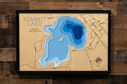 A meticulously detailed, laser-cut, multi-layered wooden topographical map of Summit Lake in Langlade County, Wisconsin, showcasing the 279-acre lake named for its lofty elevation with depth contours from sandy shallows to the 29-foot maximum depth. 