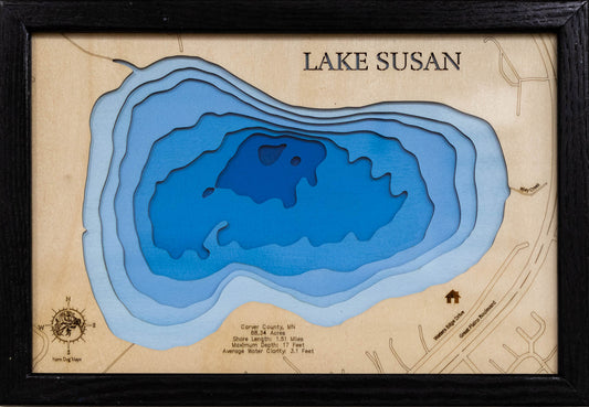 Handcrafted 3D wood map of Lake Susan in Carver County, MN, ideal for lake enthusiasts.