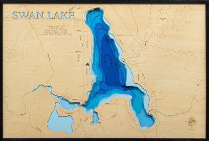 Precision-cut wooden map of Swan Lake in Itasca County, MN, perfect for unique decor.