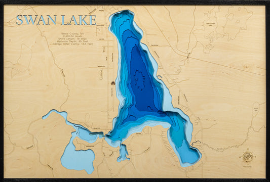 Precision-cut wooden map of Swan Lake in Itasca County, MN, perfect for unique decor.