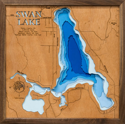 Precision-cut wooden map of Swan Lake in Itasca County, MN, perfect for unique decor.