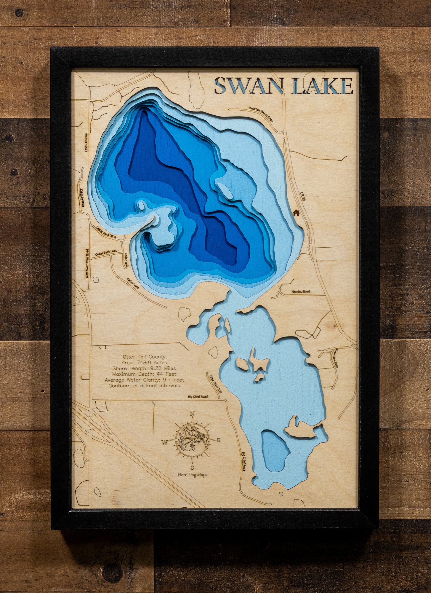 Handcrafted 3D wood map of Swan Lake in Otter Tail County, MN, ideal for lake enthusiasts.