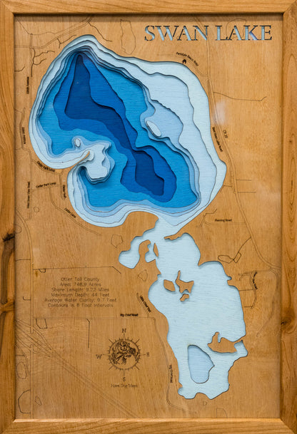 Handcrafted 3D wood map of Swan Lake in Otter Tail County, MN, ideal for lake enthusiasts.