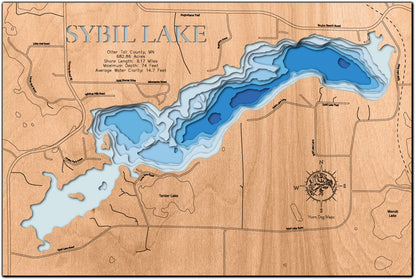 Precision-cut wooden map of Sybil Lake in Otter Tail County, MN, perfect for unique decor.