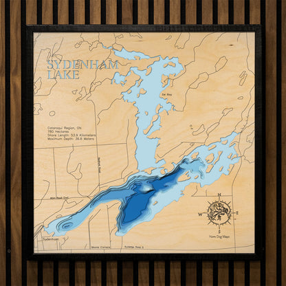 Handcrafted 3D wood map of Sydenham Lake in Frontenac Township, ON, ideal for lake enthusiasts.