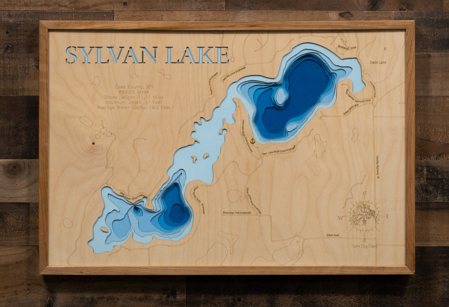 Sylvan Lake in Cass County, MN in stunning 3D wood map design, with detailed topography.