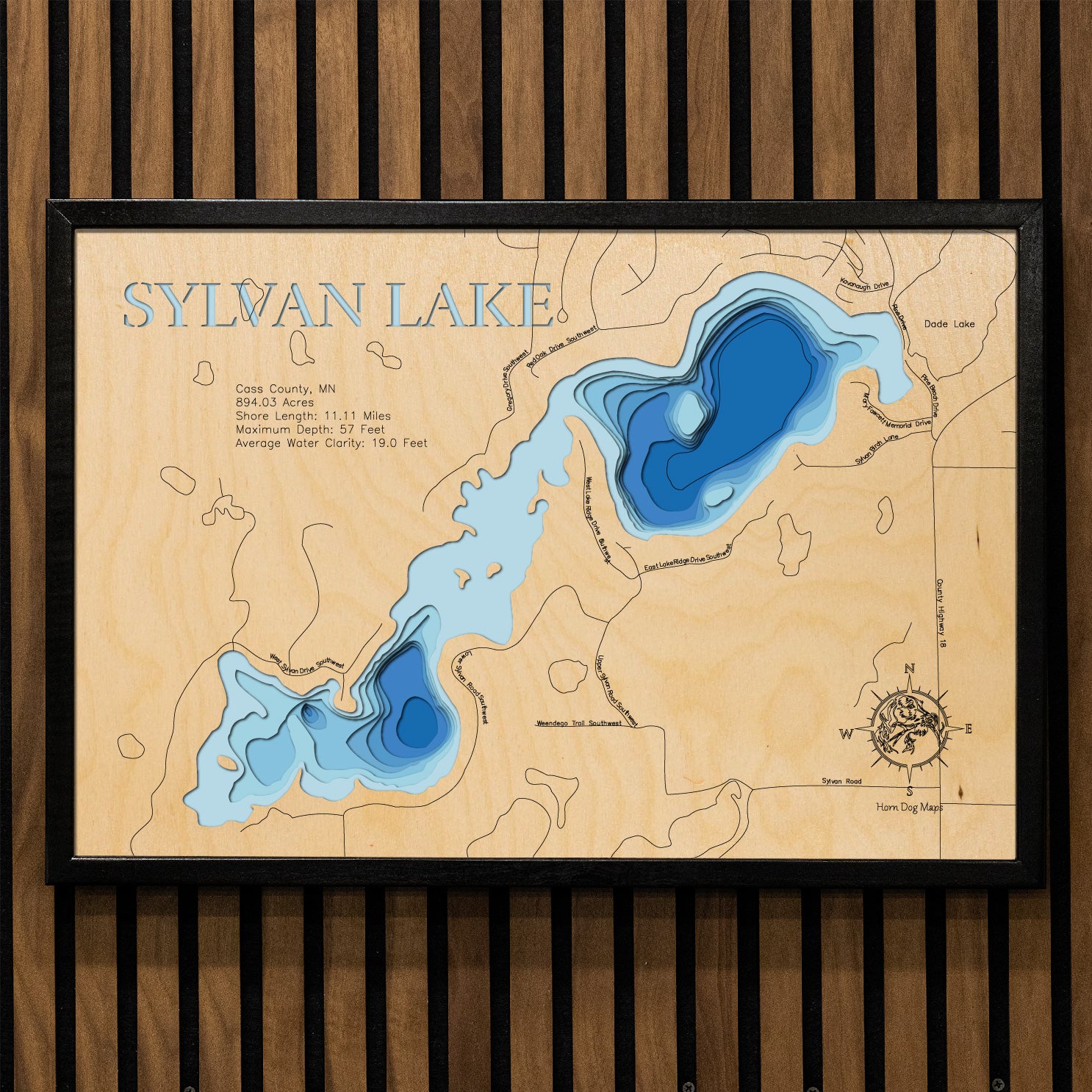 Sylvan Lake in Cass County, MN in stunning 3D wood map design, with detailed topography.