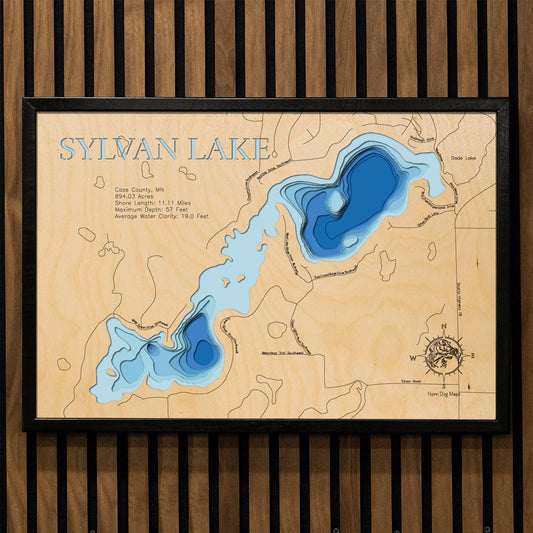 Sylvan Lake in Cass County, MN in stunning 3D wood map design, with detailed topography.