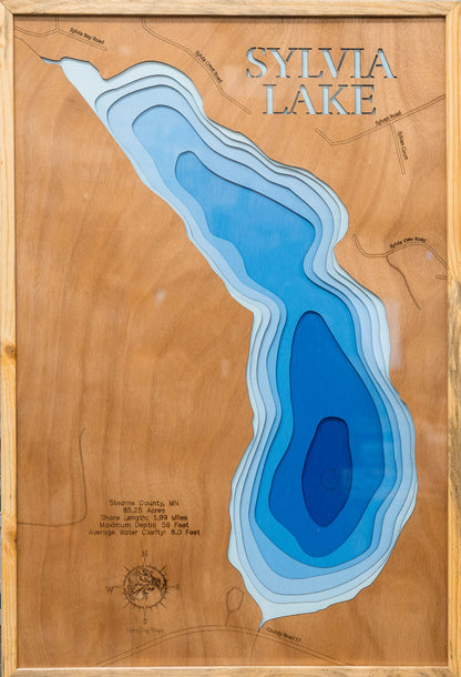 Decorative 3D wooden lake map of Sylvia Lake in Stearns County, MN, crafted with care.