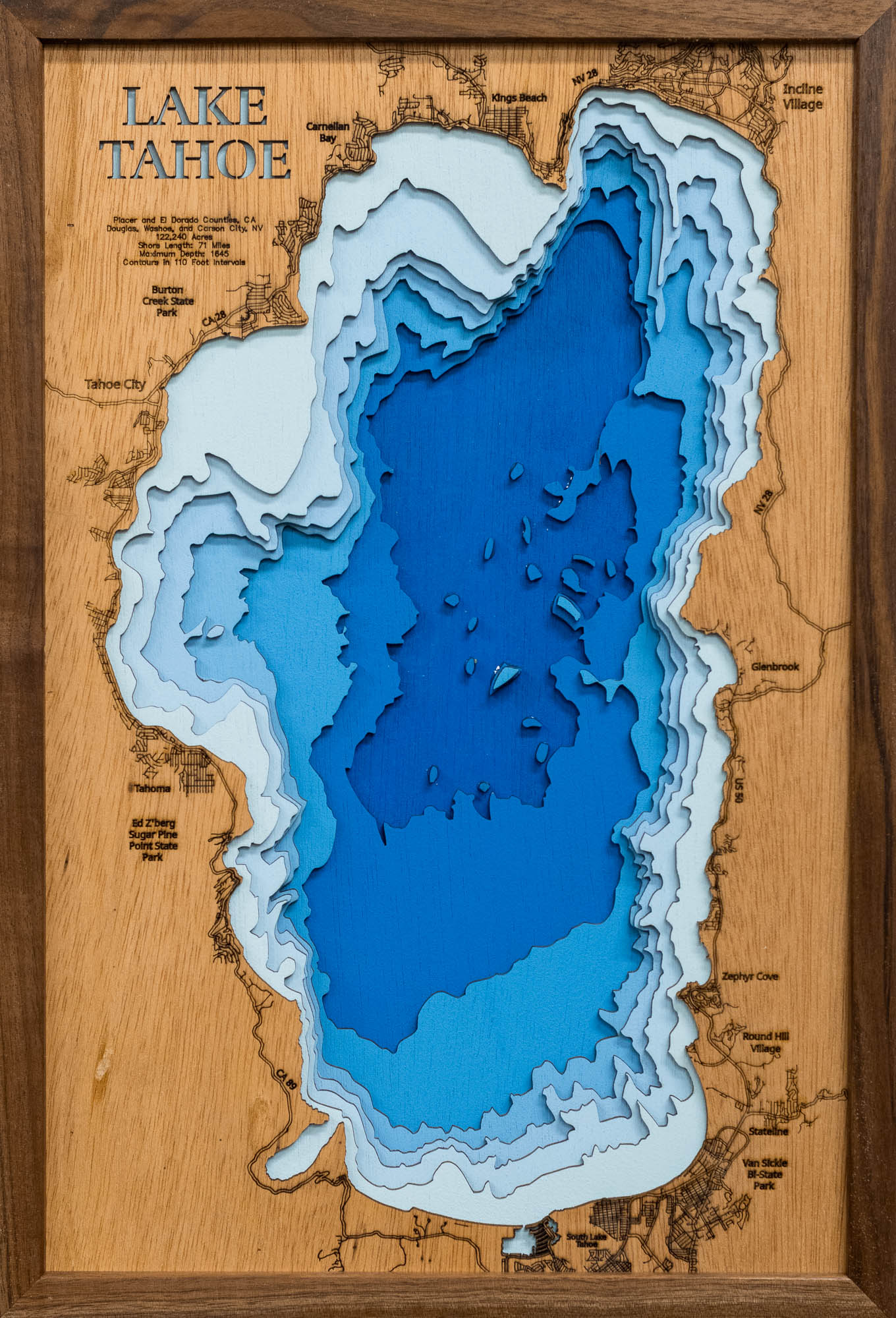 Lake Tahoe in California and Nevada 3D depth map, laser cut from high-quality wood.
