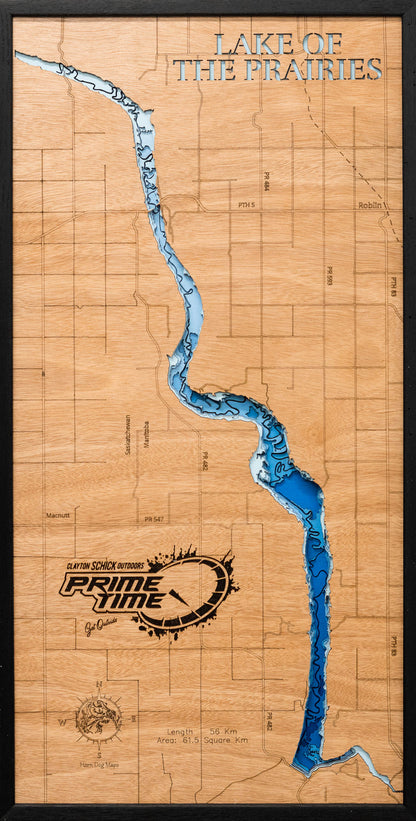 Detailed wooden relief map of Lake of the Prairies in Manitoba and Saskatchewan, showcasing its natural beauty.