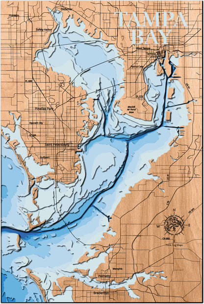 Detailed wooden relief map of Tampa Bay in Florida, showcasing its natural beauty.