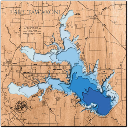 Lake Tawakoni in Hunt, Rains, and Van Zandt Counties, TX engraved wood map, showcasing accurate topographical features.