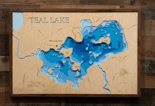 Laser-engraved relief map of Teal Lake in Sawyer County, WI, crafted from wood with high precision.