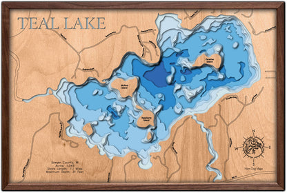 Laser-engraved relief map of Teal Lake in Sawyer County, WI, crafted from wood with high precision.