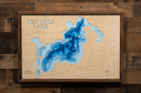 3d Lake Map of Ten Mile Lake in Cass County, MN 3D depth map, laser cut from high-quality wood.