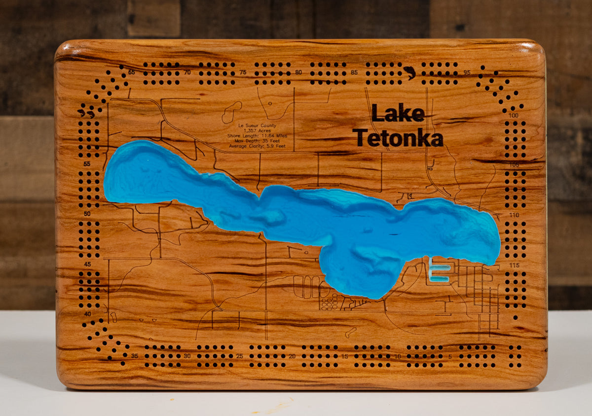 Precision-cut wooden map of Lake Tetonka in Le Sueur County, Minnesota, perfect for unique decor.