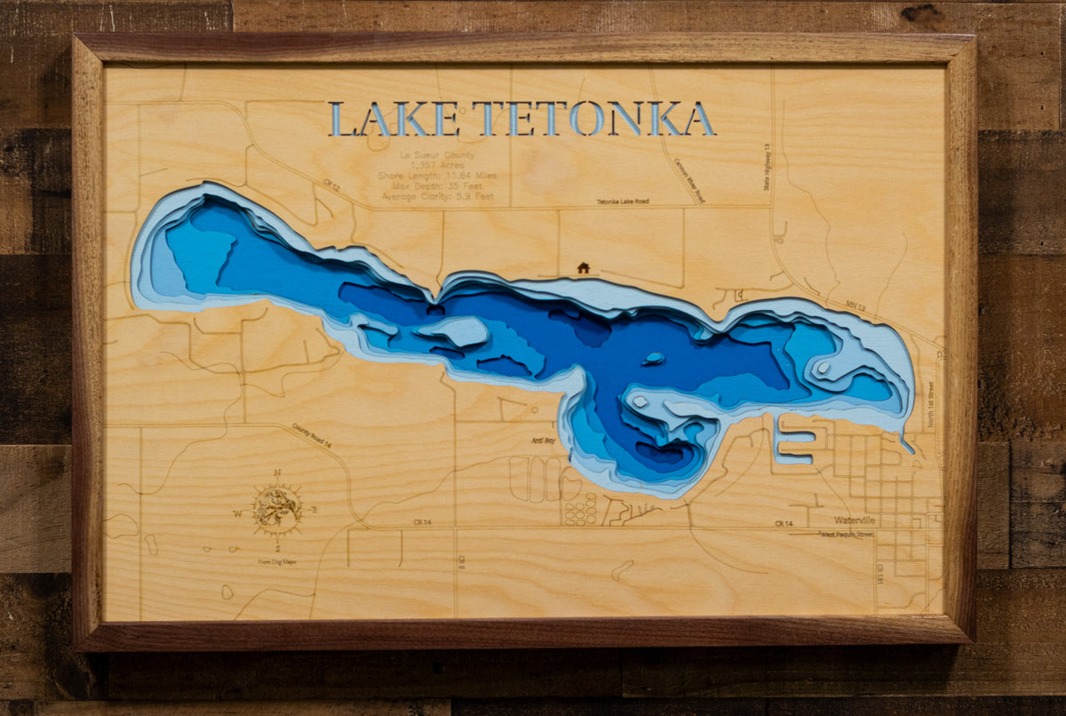 Precision-cut wooden map of Lake Tetonka in Le Sueur County, Minnesota, perfect for unique decor.