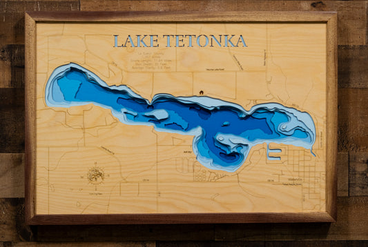 Precision-cut wooden map of Lake Tetonka in Le Sueur County, Minnesota, perfect for unique decor.