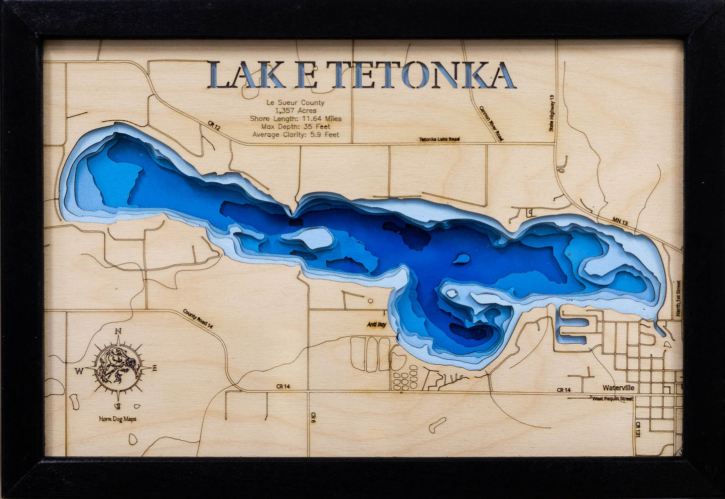 Precision-cut wooden map of Lake Tetonka in Le Sueur County, Minnesota, perfect for unique decor.