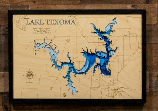 An intricately detailed, laser-cut, multi-layered wooden map of Lake Texoma spanning the Oklahoma-Texas border. The map showcases the reservoir's massive 89,000-acre expanse, depth contours revealing the 100-foot maximum depth near Denison Dam, the distinctive 580 miles of serpentine shoreline, and the confluence of the Red and Washita Rivers.