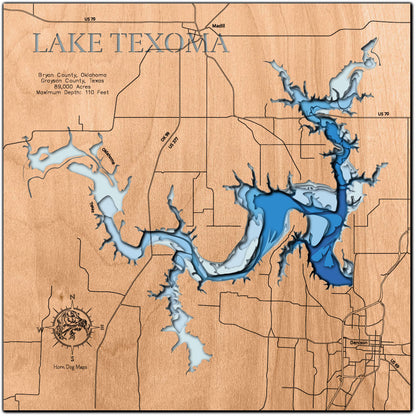 Exquisite wooden map of Lake Texoma in Bryan County, Oklahoma and Grayson County, Texas with detailed lakebed features.