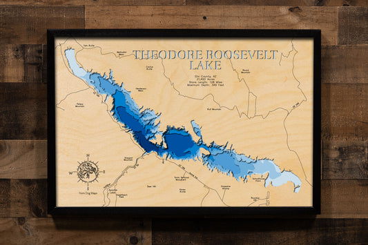 Exquisite wooden map of Theodore Roosevelt Lake in Gila County, AZ with detailed lakebed features.