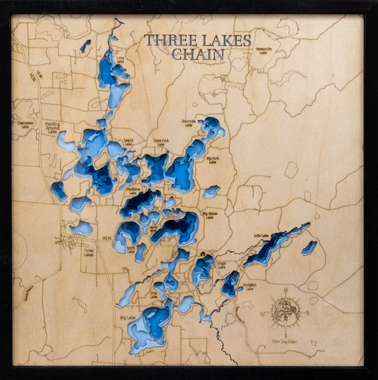 Three Lakes Chain in Oneida County, WI custom 3D wood map, perfect for home decor and gifts.