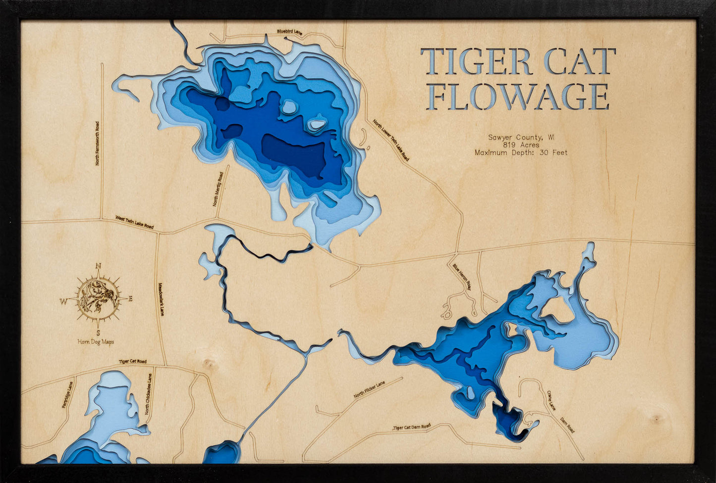 Upper and Lower Twin Lakes in the Tiger Cat Flowage in Sawyer County, WI in stunning 3D wood map design, with detailed topography.