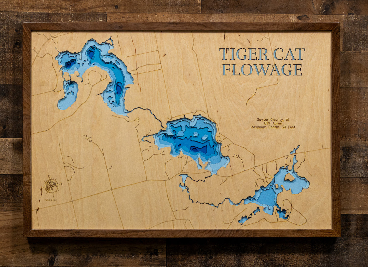Upper and Lower Twin Lakes in the Tiger Cat Flowage in Sawyer County, WI in stunning 3D wood map design, with detailed topography.
