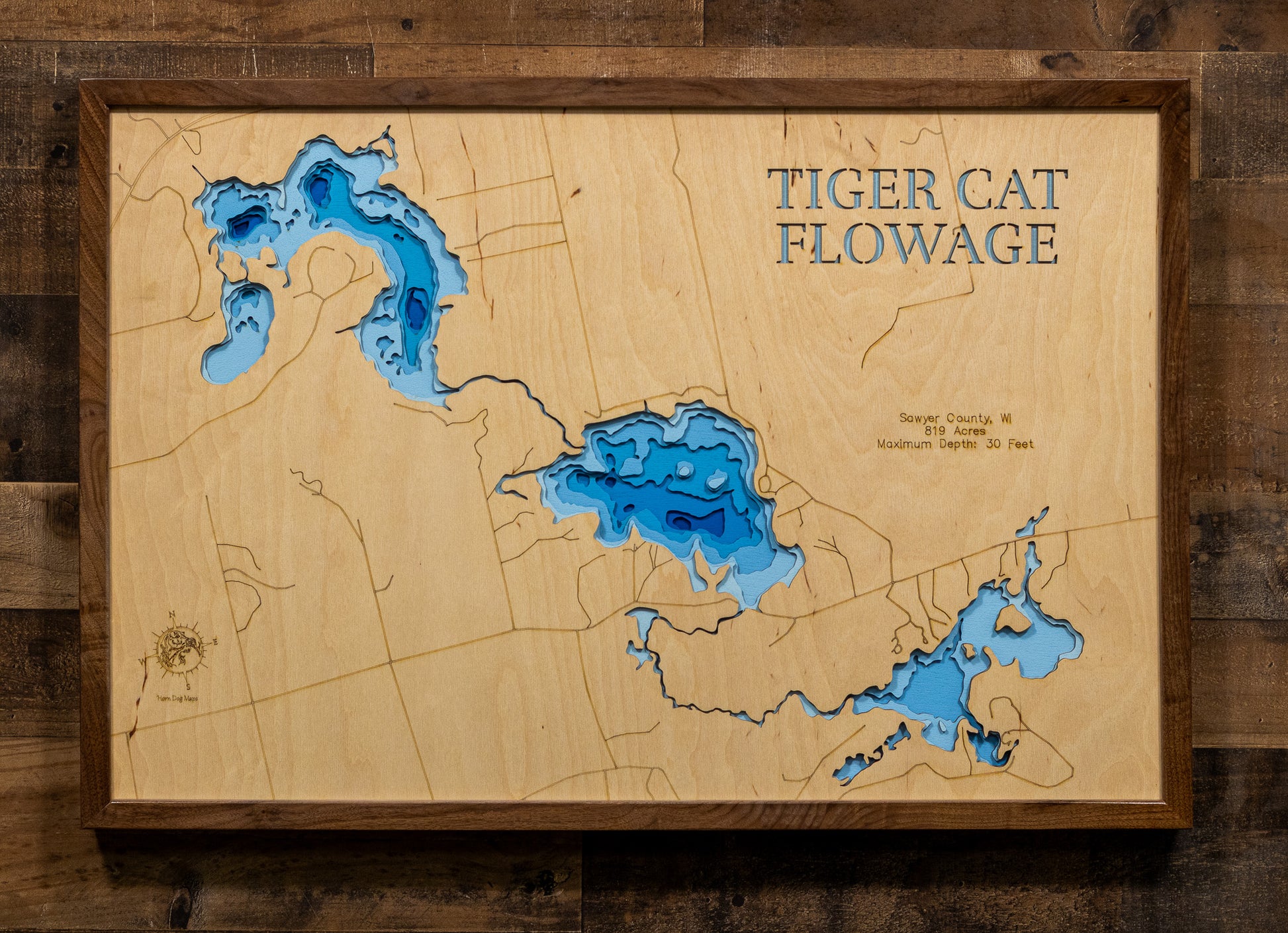 Upper and Lower Twin Lakes in the Tiger Cat Flowage in Sawyer County, WI in stunning 3D wood map design, with detailed topography.
