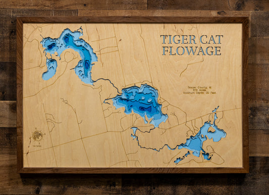 Upper and Lower Twin Lakes in the Tiger Cat Flowage in Sawyer County, WI in stunning 3D wood map design, with detailed topography.