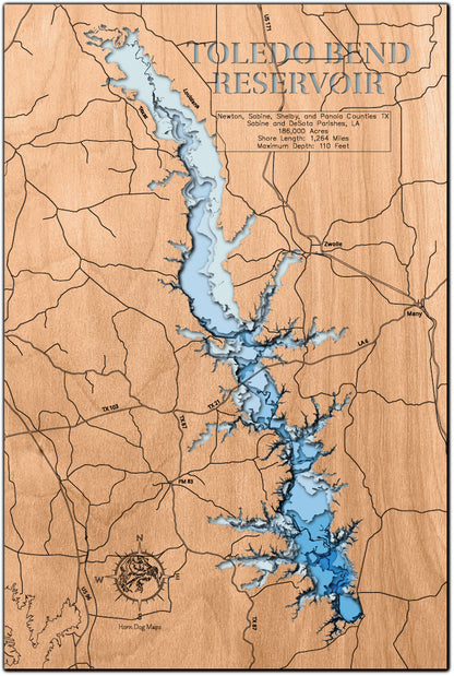 Toledo Bend Reservoir in Newton, Sabine, Shelby, and Panola Counties TX, Sabine and DeSota Parishes, LA  in stunning 3D wood map design, with detailed topography.